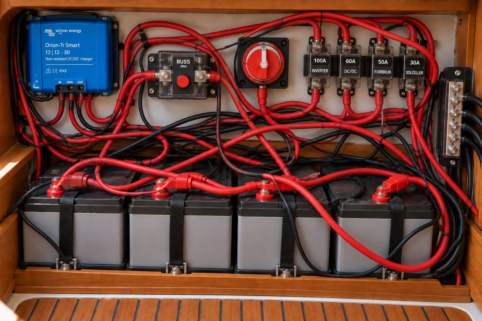 Rotete batterirom med mange kryssende kabler