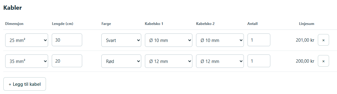 Eksempel på kabelbestillingsskjema med valg for dimensjon, lengde, farge, kabelsko og antall